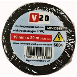 Taśma V20 PCV czarna 19mm x 20m ELASTYCZNA Z MOCNYM KLEJEM